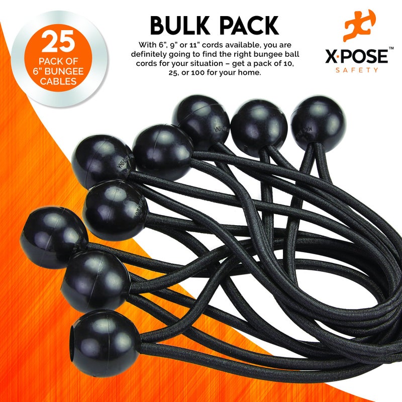 Xpose Safety Bungee Ball Cords 6" 25 Pack Heavy Duty Black Stretch Rope with Ball Ties for Canopies, Tarps, Walls, Cable Organization - Image 5